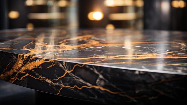 Close-Up of a Black and Gold Marble Table with Bokeh Light Blurry Background, An Elegant and Opulent Addition to Premium Interior Design, Product Placement Concept, Ai generative photo
