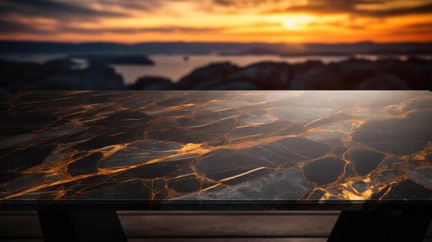 Close-Up of a Black and Gold Marble Table with Bokeh Light Blurry Background, An Elegant and Opulent Addition to Premium Interior Design, Product Placement Concept, Ai generative photo