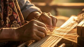 Celebrating Modern Traditional Heritage Craft, Close-Up of Hands Weaving a Colorful Textile on a Wooden Loom with Copy Space for Creative Expressions, Ai generative photo