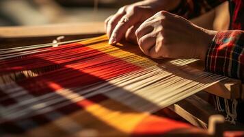 Celebrating Modern Traditional Heritage Craft, Close-Up of Hands Weaving a Colorful Textile on a Wooden Loom with Copy Space for Creative Expressions, Ai generative photo