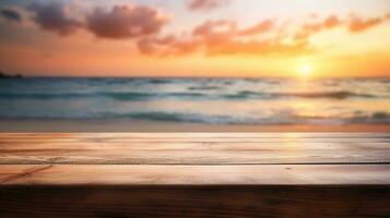 Close-Up of a Light Brown Wooden Table with a Sunset at the Beach Blurry Background, Ideal for Product Placement in a Beachside Marketing Concept, Ai generative photo