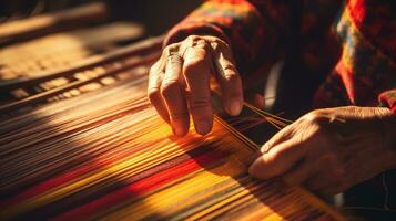 Celebrating Modern Traditional Heritage Craft, Close-Up of Hands Weaving a Colorful Textile on a Wooden Loom with Copy Space for Creative Expressions, Ai generative photo