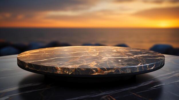 Close-Up of a Black and Gold Marble Table with Bokeh Light Blurry Background, An Elegant and Opulent Addition to Premium Interior Design, Product Placement Concept, Ai generative photo