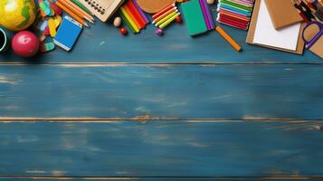 Top View of School Equipment Arranged in a Frame on a Wooden Background, A Back-to-School Concept Featuring Educational Supplies and the Teacher-Student Presentation Concept, Ai generative photo