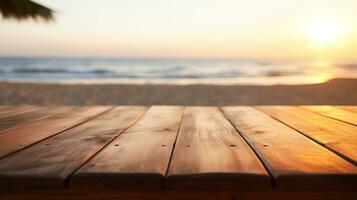 Close-Up of a Light Brown Wooden Table with a Sunset at the Beach Blurry Background, Ideal for Product Placement in a Beachside Marketing Concept, Ai generative photo