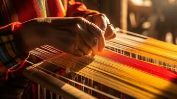 Celebrating Modern Traditional Heritage Craft, Close-Up of Hands Weaving a Colorful Textile on a Wooden Loom with Copy Space for Creative Expressions, Ai generative photo