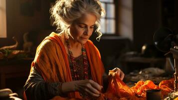 Modern Traditional Heritage Craft, Close-Up of Elderly Indian Woman Knitting Traditional Fabric in Afternoon Light - Embracing Art and Cultural Heritage, Ai generative photo