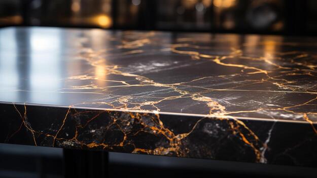 Close-Up of a Black and Gold Marble Table with Bokeh Light Blurry Background, An Elegant and Opulent Addition to Premium Interior Design, Product Placement Concept, Ai generative photo