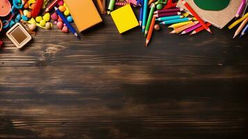 Top View of School Equipment Arranged in a Frame on a Wooden Background, A Back-to-School Concept Featuring Educational Supplies and the Teacher-Student Presentation Concept, Ai generative photo