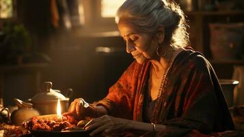 Modern Traditional Heritage Craft, Close-Up of Elderly Indian Woman Knitting Traditional Fabric in Afternoon Light - Embracing Art and Cultural Heritage, Ai generative photo