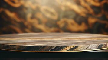 Close-Up of a Black and Gold Marble Table with Bokeh Light Blurry Background, An Elegant and Opulent Addition to Premium Interior Design, Product Placement Concept, Ai generative photo