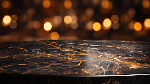 Close-Up of a Black and Gold Marble Table with Bokeh Light Blurry Background, An Elegant and Opulent Addition to Premium Interior Design, Product Placement Concept, Ai generative photo