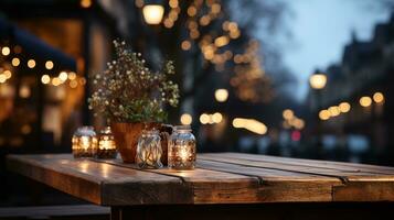 de cerca de un ligero marrón de madera mesa con un Navidad árbol en un borroso invierno noche fondo, ideal para producto colocación en el festivo fiesta estación, ai generativo foto