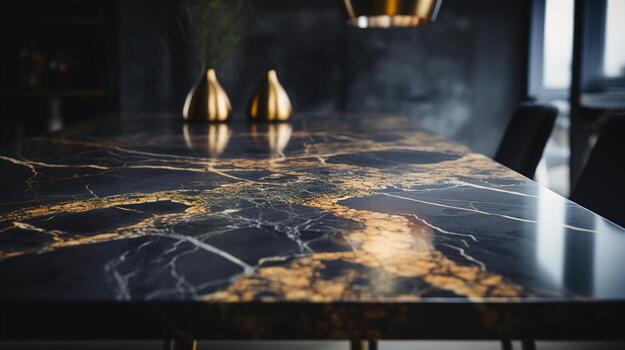 Close-Up of a Black and Gold Marble Table with Bokeh Light Blurry Background, An Elegant and Opulent Addition to Premium Interior Design, Product Placement Concept, Ai generative photo