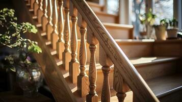 de cerca de Clásico de madera escalera bobinadoras bañado en calentar tarde luz, un nostálgico vislumbrar dentro arquitectónico herencia, evocando Clásico casa y edificio conceptos, ai generativo foto