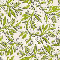 Floral seamless pattern with leaves and berries in chartreuse green and cream colors. Hand drawn and digitized. Design for wallpapers, textiles, fabrics. vector