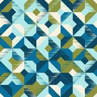 Geometric seamless pattern of squares and rhombuses chaotically painted in blue-green, yellow-green, cream and light blue. Design for wallpaper, wrapping products, textiles, fabrics. vector