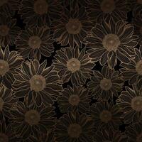 Luxury art deco gold metallic seamless pattern of sunflowers, linear drawing on black backdrop. Decorative print for wallpaper, wrapping, textile, fashion fabric. vector