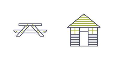 Picnic of Table and Wood Cabin Icon vector