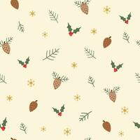 Christmas and winter themed seamless pattern, with pineapples, hollies and golden snowflakes on light yellow background vector