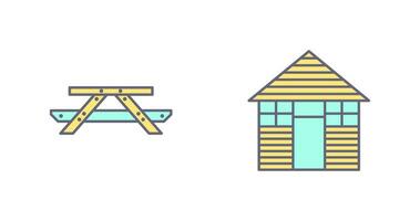 Picnic of Table and Wood Cabin Icon vector