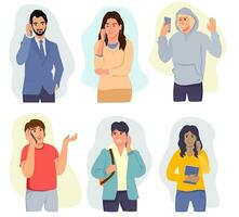 Diverse happy people using mobile phone set. Men, women and students holding smartphone for technology or internet communication concept. Characters collection. Flat Cartoon Vector Illustration.