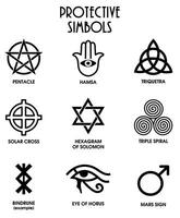 Ancient protective signs set. Symbolic tattoo design and meaning. Minimalist symbol design template. Occultism sign. Mystic signs. Esoteric symbol, occult alchemy amulet. Vector illustration