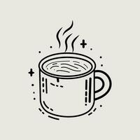 un taza caliente café en un platillo con un cuchara. . mano dibujado vector grabado línea Arte estilo ilustraciones