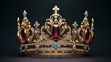 detallado Rey corona hecho de oro aislado en el llanura fondo, decorado con precioso joyas foto