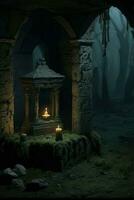 AI Generated. AI Generative - A Spine-Tingling Halloween Night in the Forgotten, Candlelit Crypt photo