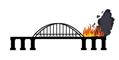 The bridge is on fire. Fire and clouds of smoke. Black silhouette of a bridge with an arch. Flat simple illustration. vector