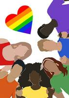 people from different ethnic groups in rainbow-colored clothes are holding hands. LGBT community. Human rights. LGBTQ. Flat vector illustration, pride month. for magazine cover, cover, book