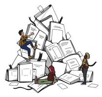 people climb the mountain from the books. cute graphic flat modern illustration about the difficulty of studying in school, college or university. hand drawn sketch. isolated vector