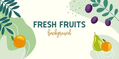 Fresh fruits bright abstract vector background, plum, orange and pear. Colorful summer organic natural food banner template. Healthy eating, summer sale. Modern shapes.