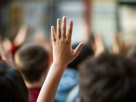 espalda ver de un chico levantamiento mano preguntando pregunta. generativo ai. foto