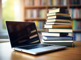 Laptop computer and books on a table in a public library. Generative AI. photo