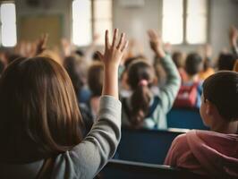 Kids raising hands in classroom. Generative AI. photo