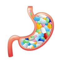 Human stomach full of medicine capsules, tablets and pills vector