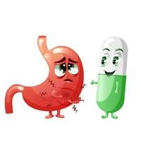 Sick sad bloated stomach with medicine capsule characters vector