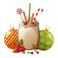 Glass of eggnog drink with christmas balls, berries, cloves, cinnamon and lollipops vector