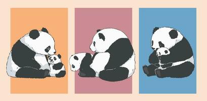 Cute Cartoon Mother Panda Holding Her Baby, Illustration Set vector