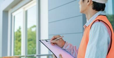 inspector or engineer is inspecting construction and quality assurance new house using a checklist. Engineers or architects or contactor work to build the house before handing it over to the homeowner photo
