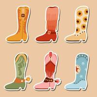 Set of stickers with retro cowgirl boots for planners, notebooks. Ready for print list of cute Wild West stickers. Simple vector doodles of cowboy western boots with traditional pattern, fringe, spur.