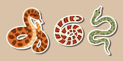 Set of stickers with hand drawn different snakes for planners, notebooks. Ready for print list of stickers. Hand drawn simple vector doodles of tropical Wild West poison viper and dangerous serpent