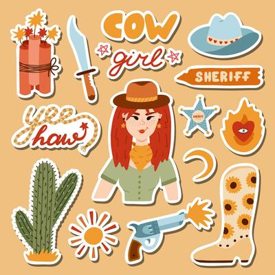 Big set of stickers with cowgirl illustrations for planners, notebooks. Ready for print list of cute stickers. Hand drawn simple vector doodles with symbols of Texas, Wild West, cowboy and cow girl