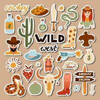 Big set of stickers with illustrations on Wild West and cowboy theme for planners, notebooks. Ready for print list of cute stickers. Hand drawn simple vector doodles with symbols of Texas, cowgirl