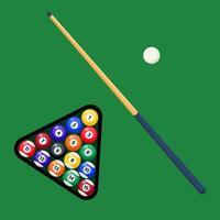 Billiard cue and pool balls in triangle on green table. Billiard balls, triangle and pool stick for game on green table top view. Vector illustration.