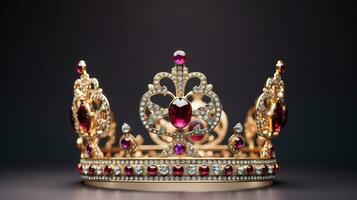 Detailed Queen Crown Made of Gold Isolated on the Plain Background, Decorated with Precious Jewels photo