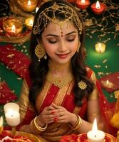 hermosa indio niña en tradicional sari celebrar diwali antecedentes por ai generado foto