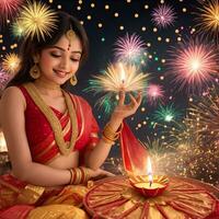 hermosa indio niña en tradicional sari celebrar diwali antecedentes por ai generado foto